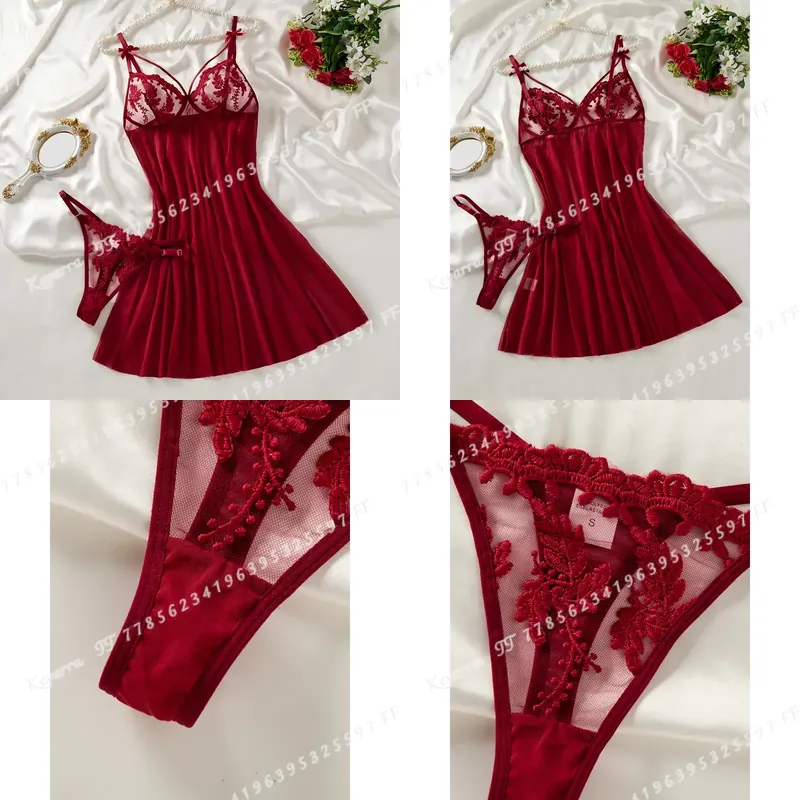 Embroidery Red - Chemise de nuit semi-transparente pour femme,