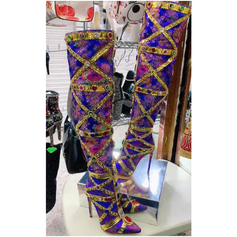 Embroidery Wedding - Bottes cuissardes à talon aiguille multicolores