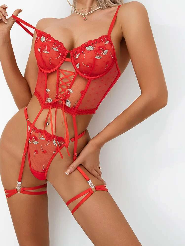 Body Sexy en maille et dentell - Embroidery Red avis et prix